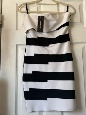 bebe Black and White Strapless Stripe Bandage Dress